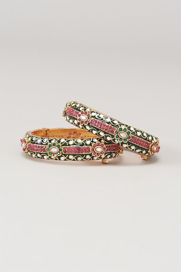 Gold Finish Multi-Colored Stone Enameled Bangles (Set of 2) by VASTRAA Jewellery at Pernia's Pop Up Shop
