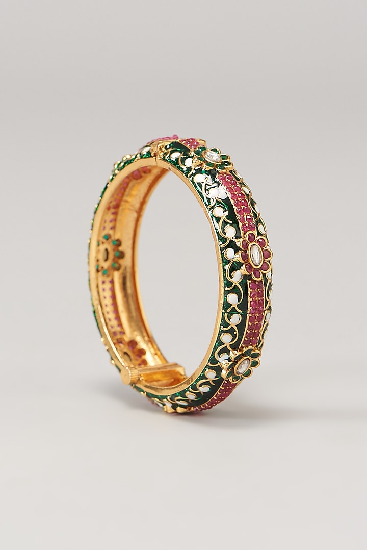 Gold Finish Multi-Colored Stone Enameled Bangles (Set of 2) by VASTRAA Jewellery at Pernia's Pop Up Shop