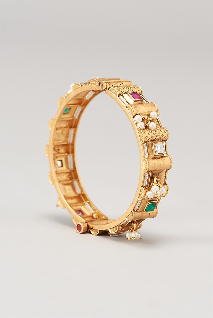 Gold Finish Multi-Colored Stone Enameled Bangles (Set of 2) by VASTRAA Jewellery at Pernia's Pop Up Shop