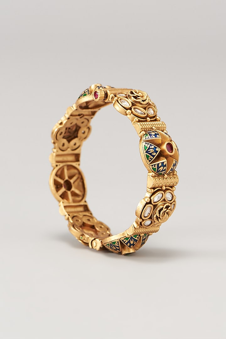 Gold Finish Kundan Polki & Red Stone Enameled Bangles (Set of 2) by VASTRAA Jewellery at Pernia's Pop Up Shop