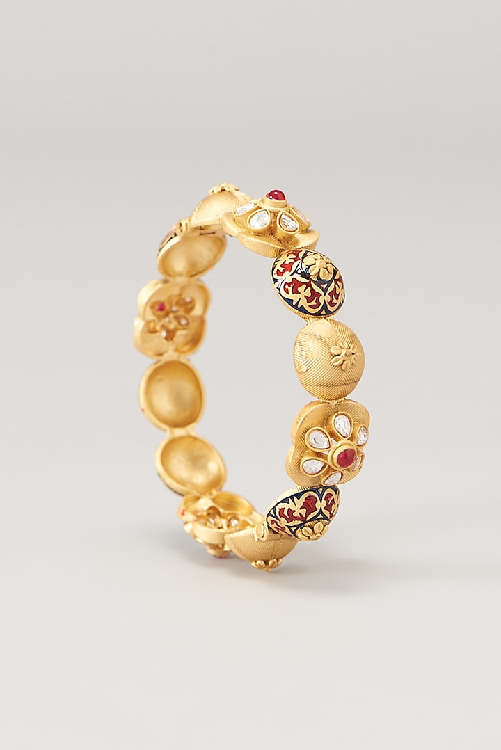 Gold Finish Kundan Polki & Red Stone Enameled Bangles (Set of 2) by VASTRAA Jewellery at Pernia's Pop Up Shop