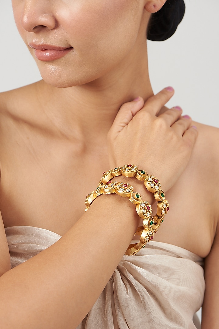 Gold Finish Kundan Polki & Multi-Colored Stone Bangles (Set of 2) by VASTRAA Jewellery