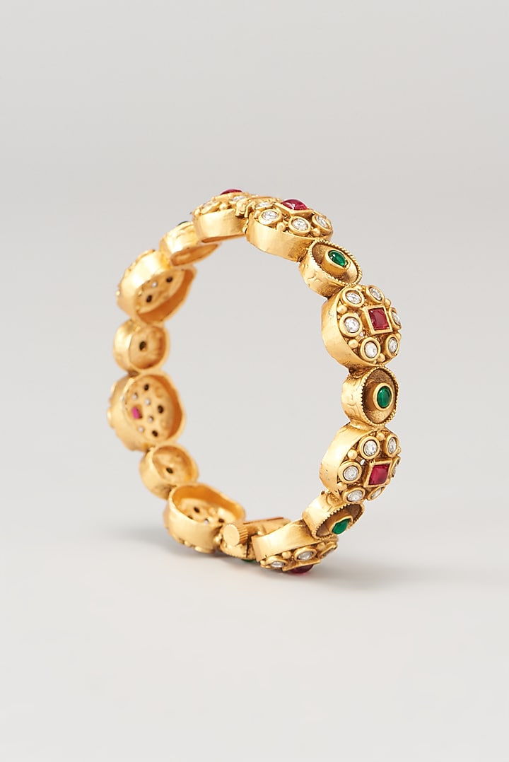 Gold Finish Kundan Polki & Multi-Colored Stone Bangles (Set of 2) by VASTRAA Jewellery at Pernia's Pop Up Shop