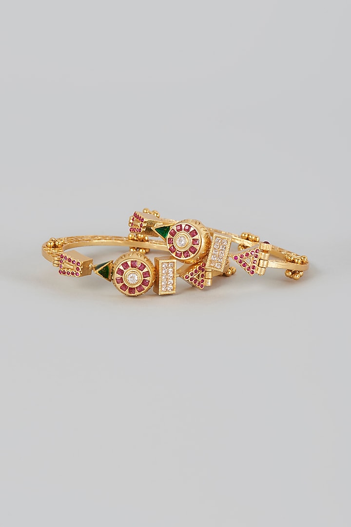 Gold Finish Red & Green Stone Temple Bangles (Set of 2) by VASTRAA Jewellery at Pernia's Pop Up Shop