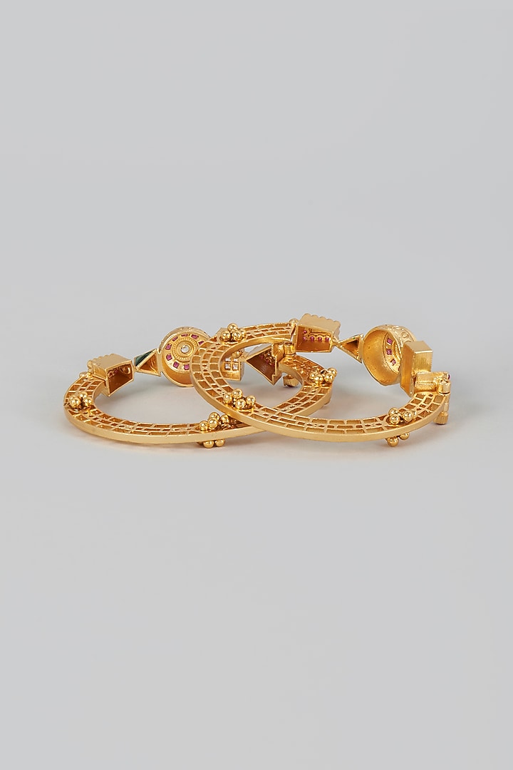 Gold Finish Red & Green Stone Temple Bangles (Set of 2) by VASTRAA Jewellery at Pernia's Pop Up Shop
