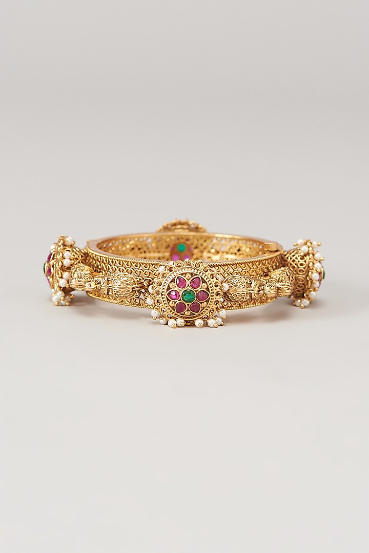 Gold Finish Temple Bangle With Pearls by VASTRAA Jewellery