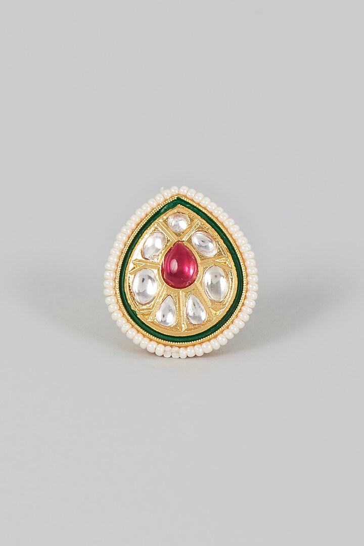 Gold Finish Kundan Polki & Red Stone Ring by VASTRAA Jewellery at Pernia's Pop Up Shop