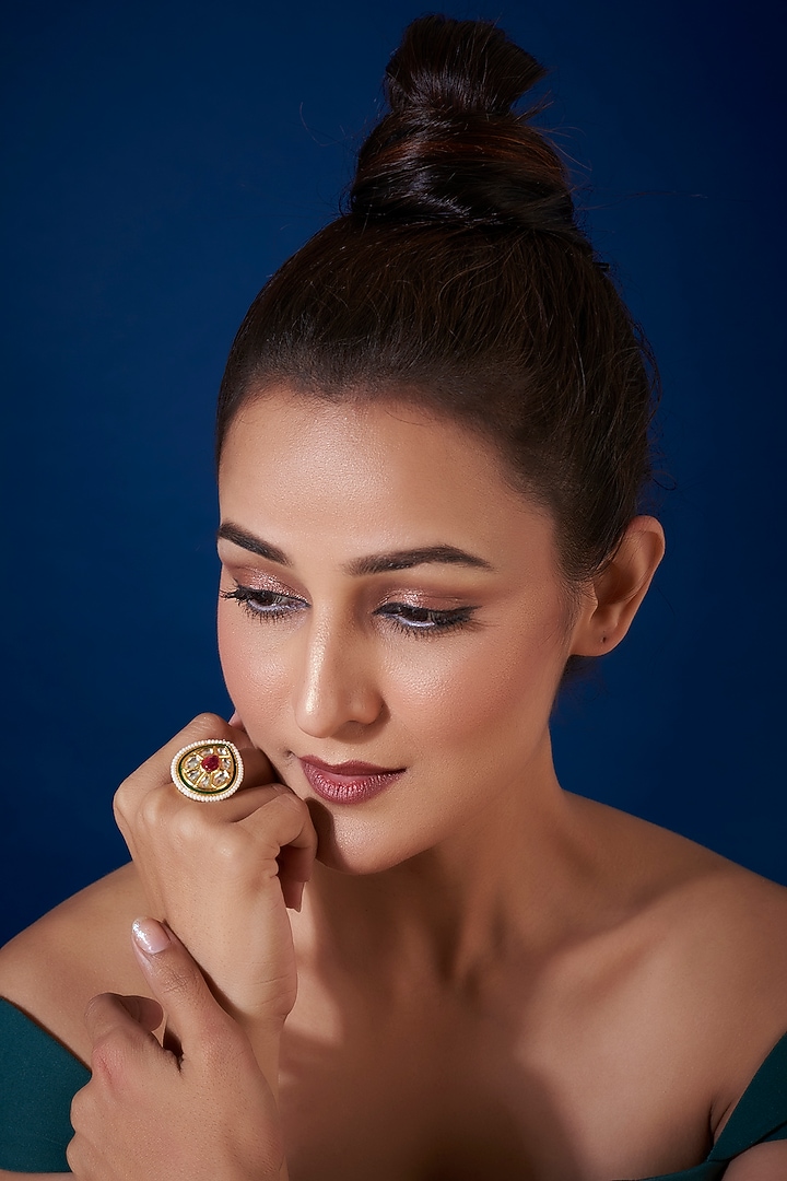 Gold Finish Kundan Polki & Red Stone Ring by VASTRAA Jewellery at Pernia's Pop Up Shop
