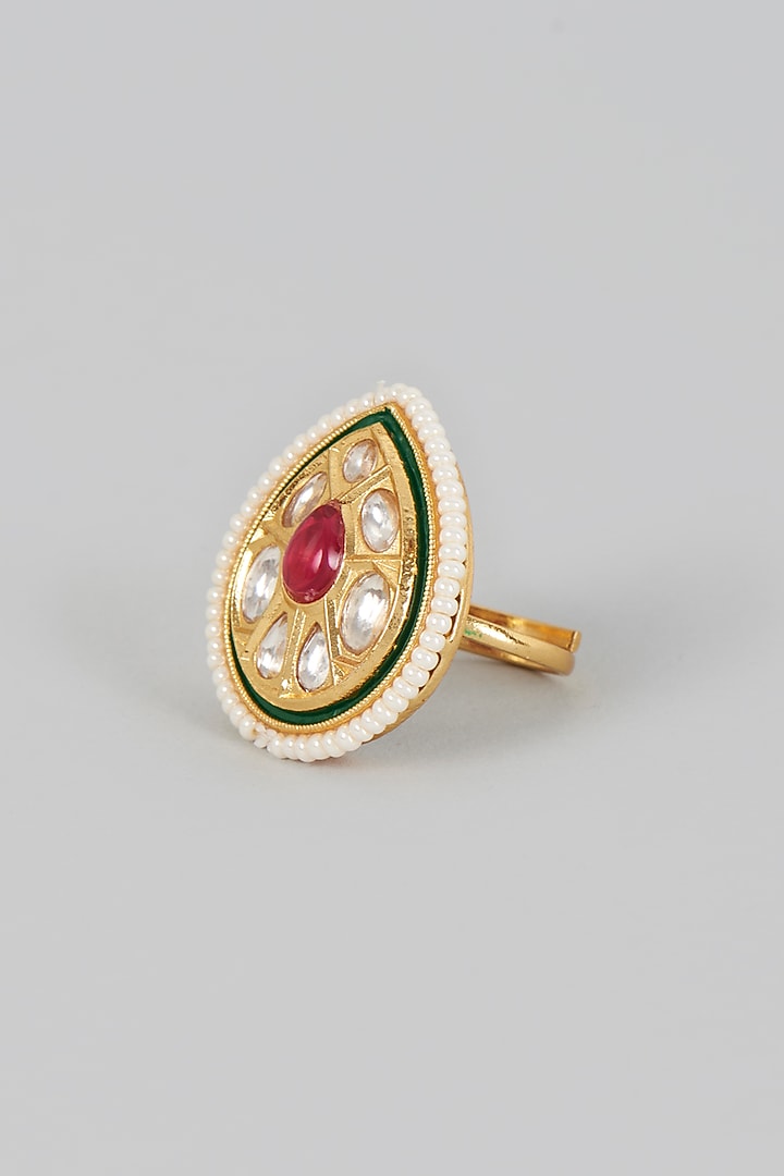 Gold Finish Kundan Polki & Red Stone Ring by VASTRAA Jewellery at Pernia's Pop Up Shop