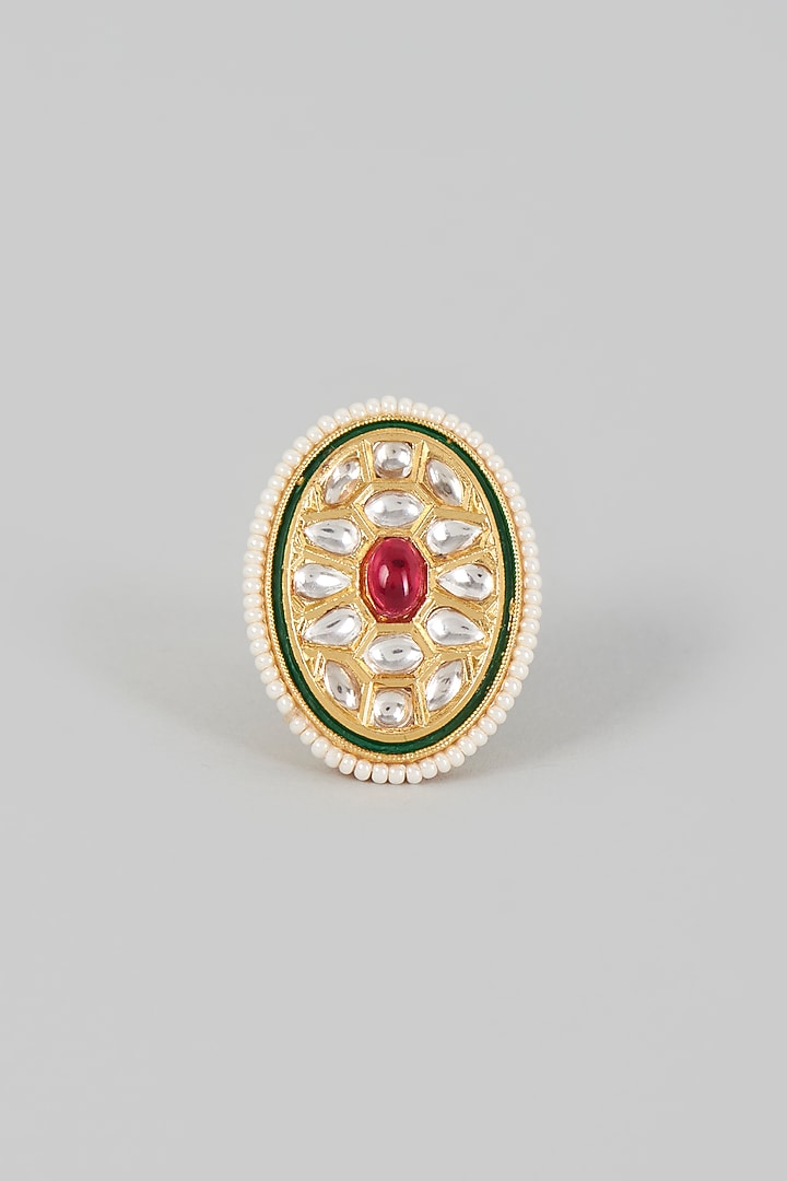 Gold Finish Kundan Polki & Red Stone Ring by VASTRAA Jewellery at Pernia's Pop Up Shop
