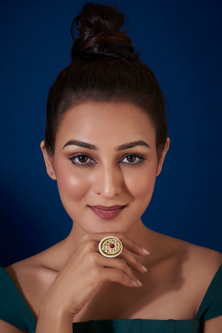 Gold Finish Kundan Polki & Red Stone Ring by VASTRAA Jewellery at Pernia's Pop Up Shop