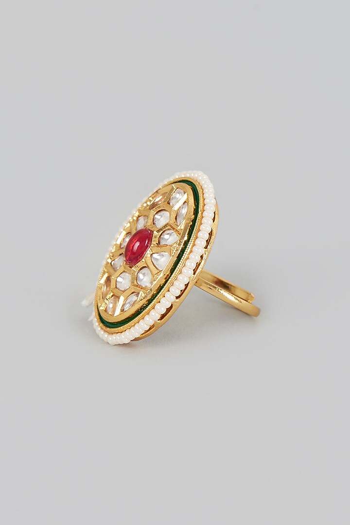 Gold Finish Kundan Polki & Red Stone Ring by VASTRAA Jewellery at Pernia's Pop Up Shop
