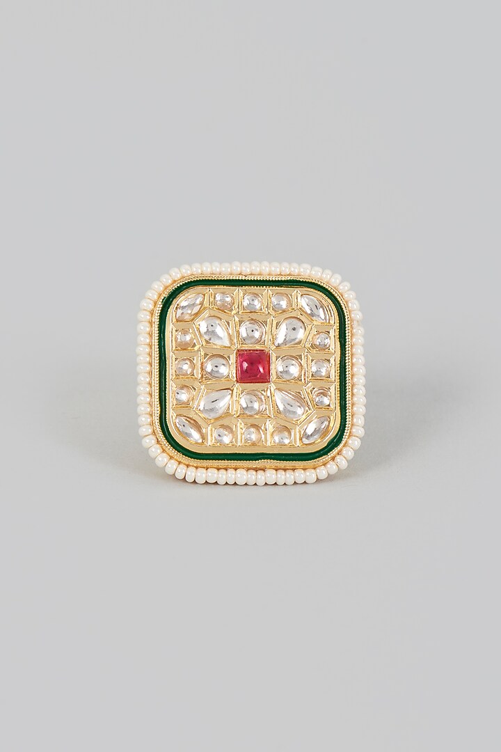 Gold Finish Kundan Polki & Red Stone Ring by VASTRAA Jewellery at Pernia's Pop Up Shop
