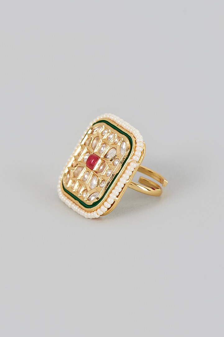 Gold Finish Kundan Polki & Red Stone Ring by VASTRAA Jewellery at Pernia's Pop Up Shop