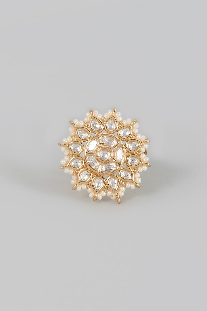 Gold Finish Kundan Polki & Pearl Ring by VASTRAA Jewellery at Pernia's Pop Up Shop