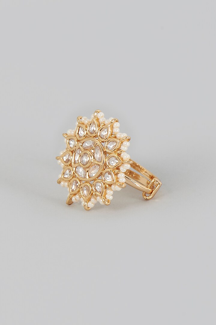 Gold Finish Kundan Polki & Pearl Ring by VASTRAA Jewellery at Pernia's Pop Up Shop
