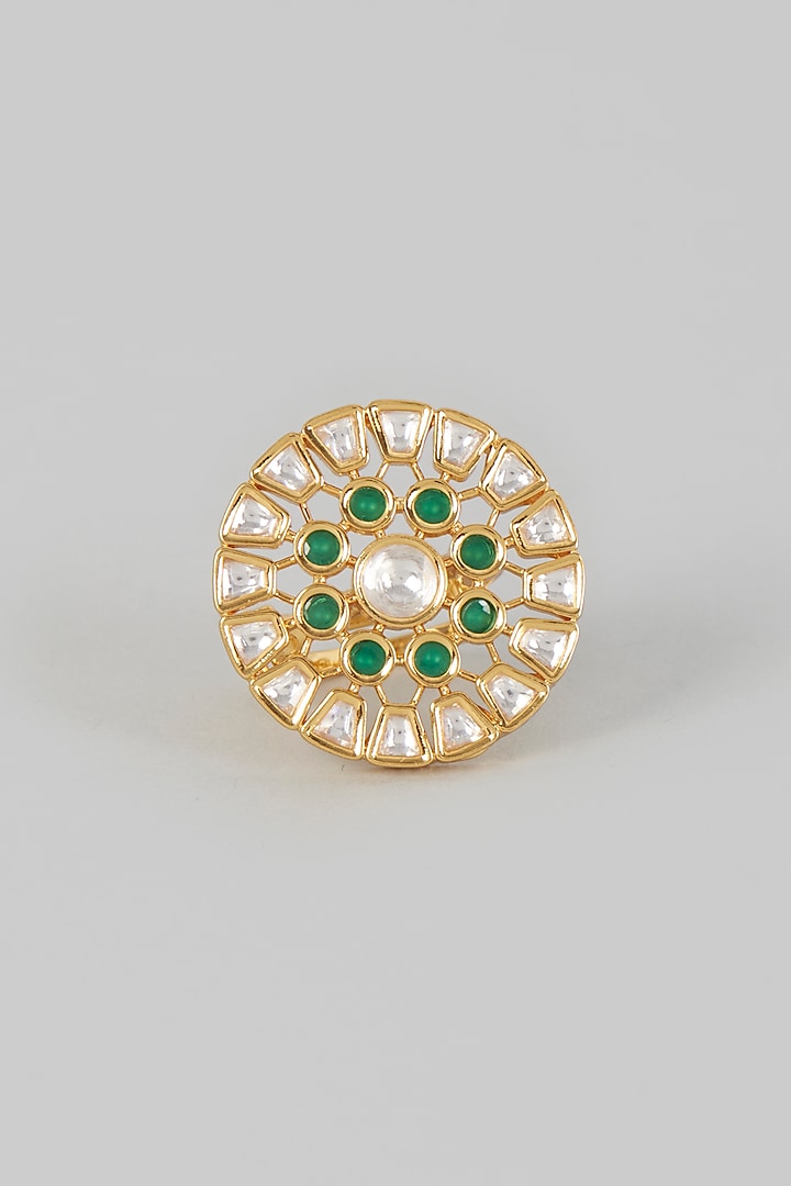 Gold Finish Kundan Polki & Green Stone Ring by VASTRAA Jewellery at Pernia's Pop Up Shop