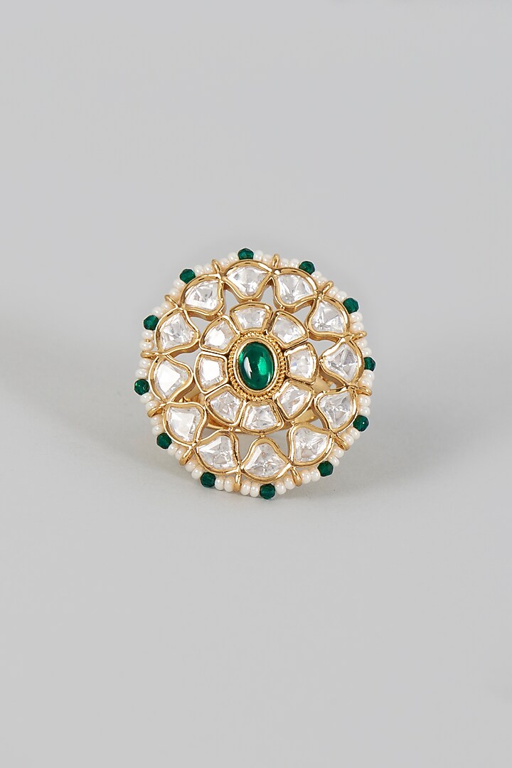 Gold Finish Kundan Polki & Green Stone Ring by VASTRAA Jewellery at Pernia's Pop Up Shop
