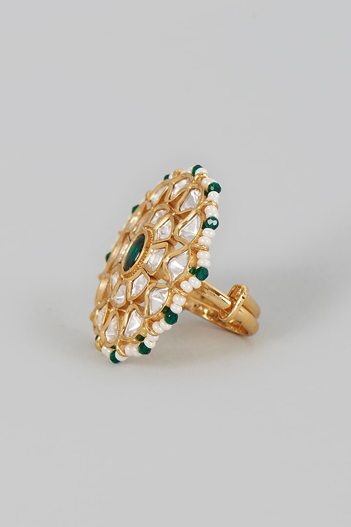 Gold Finish Kundan Polki & Green Stone Ring by VASTRAA Jewellery at Pernia's Pop Up Shop