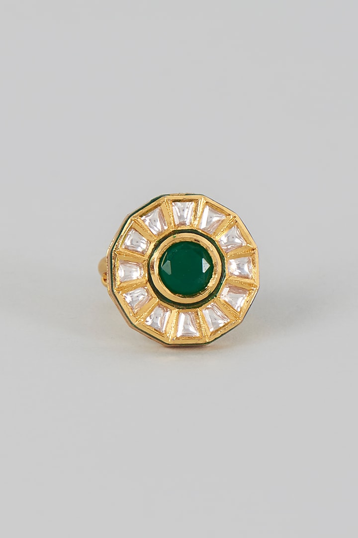 Gold Finish Kundan Polki & Green Stone Ring by VASTRAA Jewellery at Pernia's Pop Up Shop