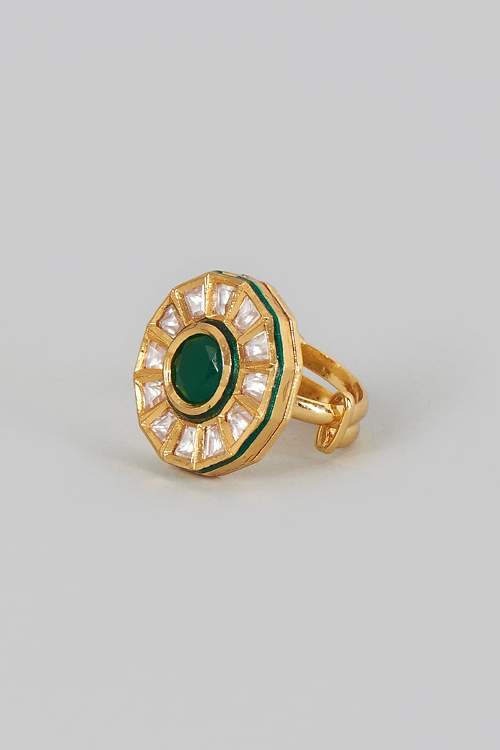 Gold Finish Kundan Polki & Green Stone Ring by VASTRAA Jewellery at Pernia's Pop Up Shop