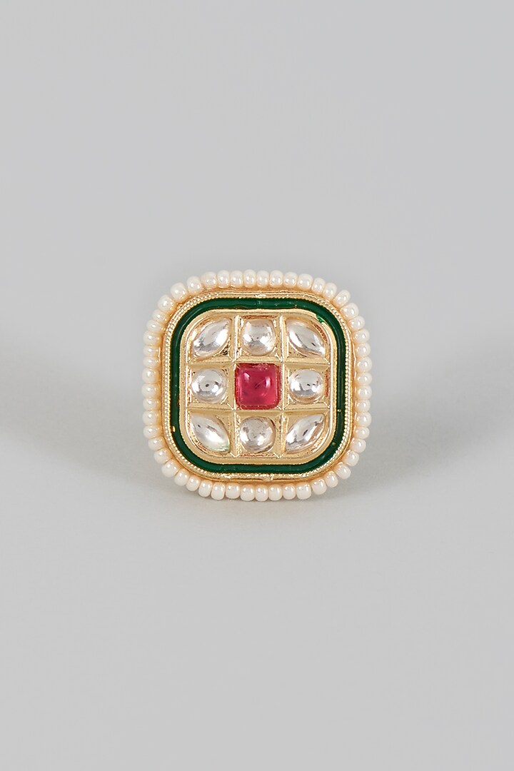 Gold Finish Kundan Polki & Green Stone Ring by VASTRAA Jewellery at Pernia's Pop Up Shop