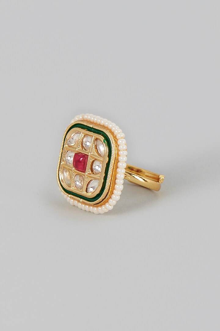 Gold Finish Kundan Polki & Green Stone Ring by VASTRAA Jewellery at Pernia's Pop Up Shop