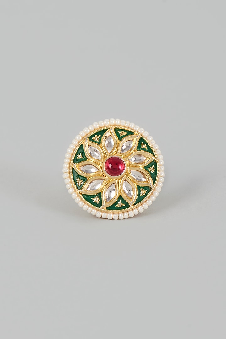Gold Finish Kundan Polki & Pearl Ring by VASTRAA Jewellery at Pernia's Pop Up Shop