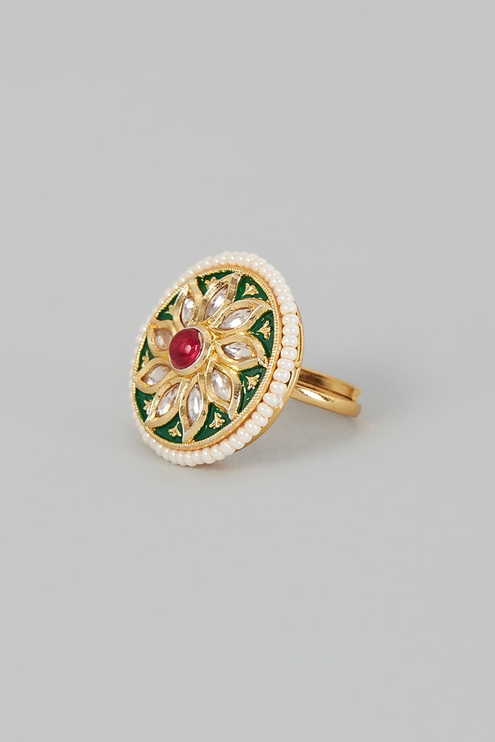 Gold Finish Kundan Polki & Pearl Ring by VASTRAA Jewellery at Pernia's Pop Up Shop