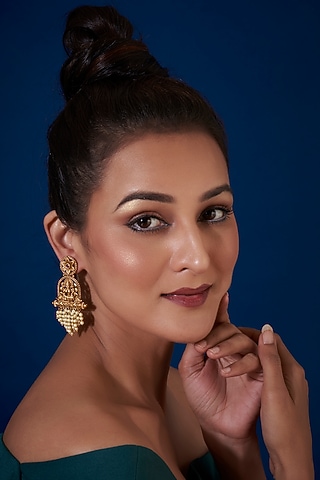 Gold Finish Pearl Temple Dangler Earrings by VASTRAA Jewellery