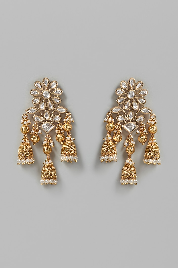 Gold Finish Kundan Polki & Pearl Dangler Earrings by VASTRAA Jewellery at Pernia's Pop Up Shop