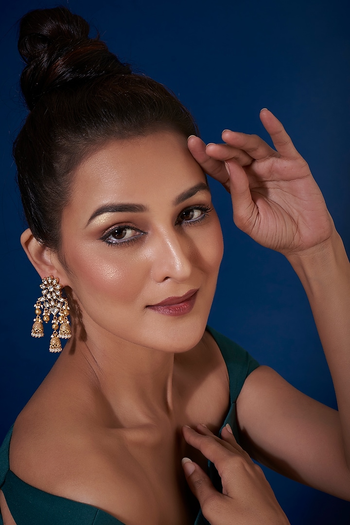 Gold Finish Kundan Polki & Pearl Dangler Earrings by VASTRAA Jewellery at Pernia's Pop Up Shop
