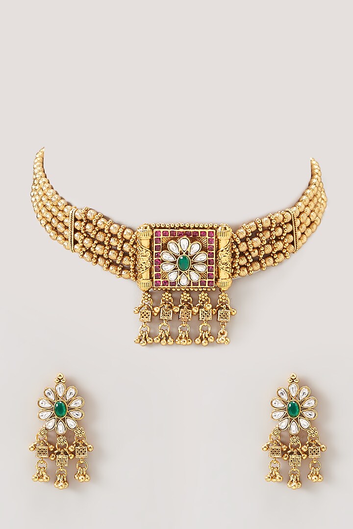 Gold Finish Kundan Polki Choker Necklace Set by VASTRAA Jewellery at Pernia's Pop Up Shop