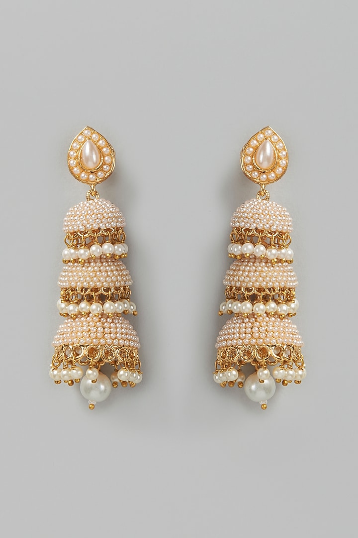 Gold Finish Pearl Dangler Earrings by VASTRAA Jewellery at Pernia's Pop Up Shop
