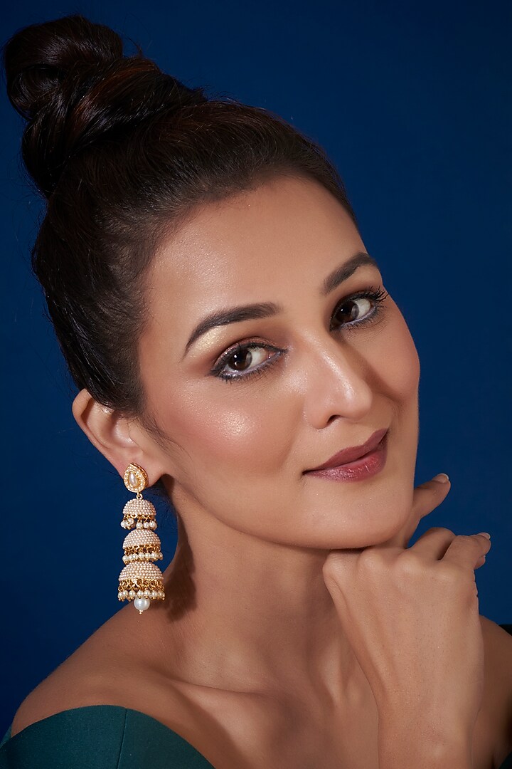 Gold Finish Pearl Dangler Earrings by VASTRAA Jewellery at Pernia's Pop Up Shop
