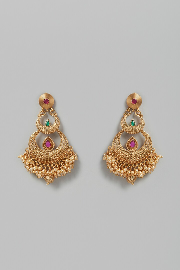 Gold Finish Synthetic Red & Green Stone Temple Chandbali Earrings by VASTRAA Jewellery at Pernia's Pop Up Shop