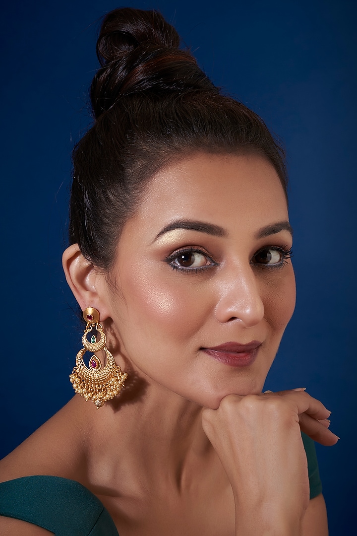 Gold Finish Synthetic Red & Green Stone Temple Chandbali Earrings by VASTRAA Jewellery at Pernia's Pop Up Shop