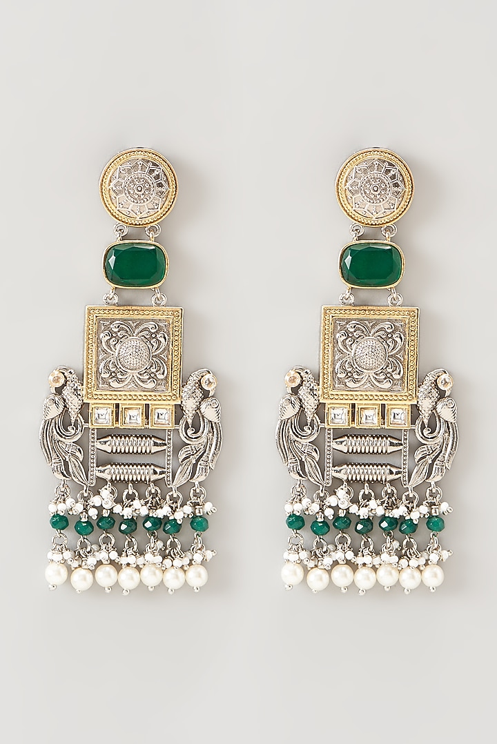 Two Tone Finish Kundan Polki & Pearl Dangler Earrings by VASTRAA Jewellery at Pernia's Pop Up Shop