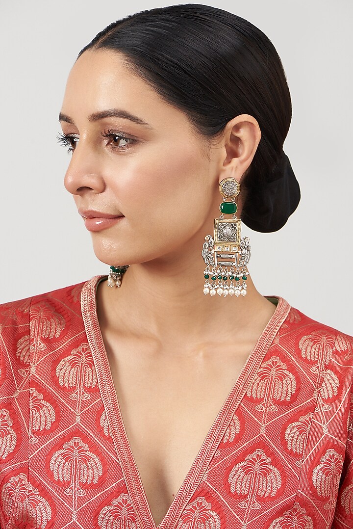 Two Tone Finish Kundan Polki & Pearl Dangler Earrings by VASTRAA Jewellery at Pernia's Pop Up Shop