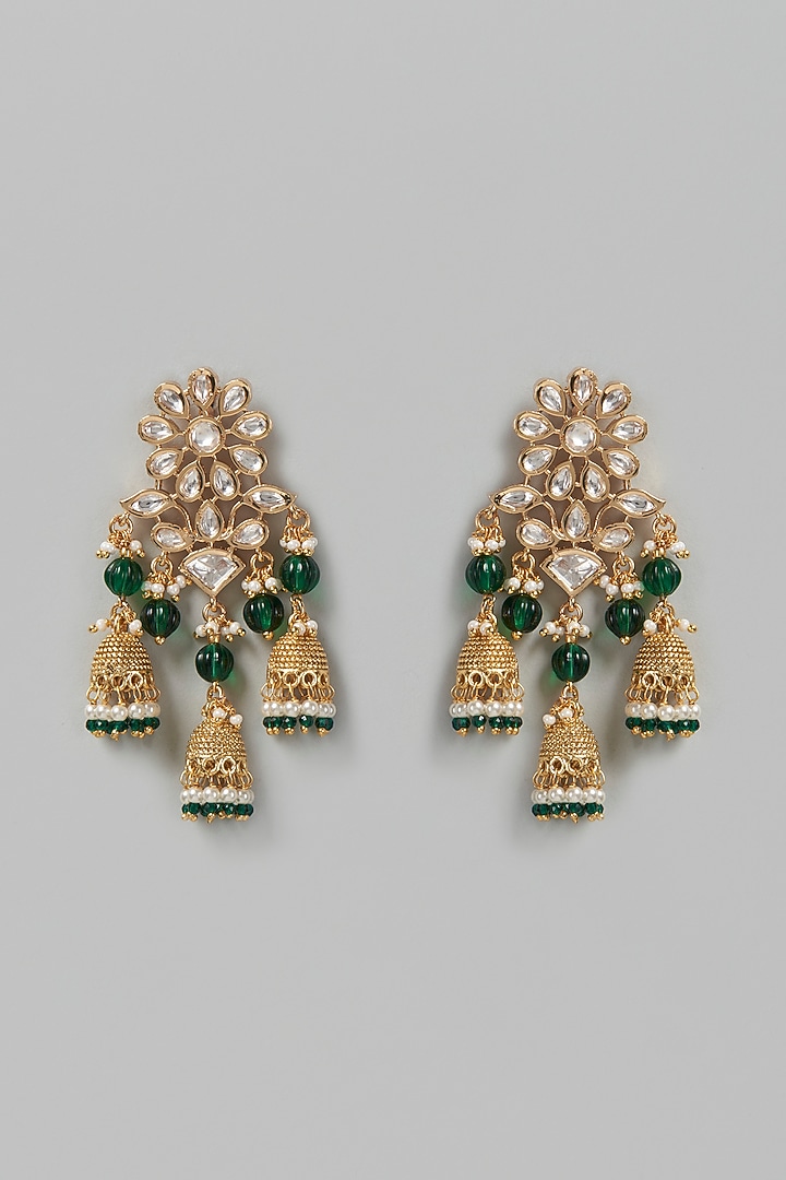 Gold Finish Kundan Polki & Green Beaded Dangler Earrings by VASTRAA Jewellery at Pernia's Pop Up Shop