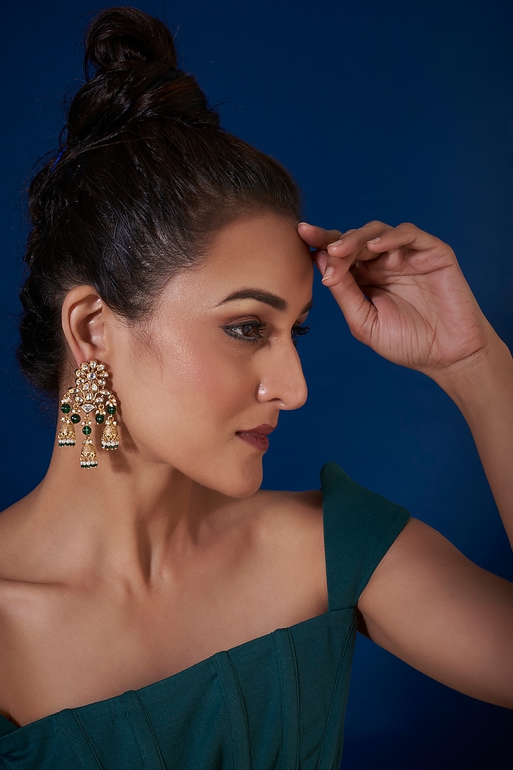 Gold Finish Kundan Polki & Green Beaded Dangler Earrings by VASTRAA Jewellery at Pernia's Pop Up Shop