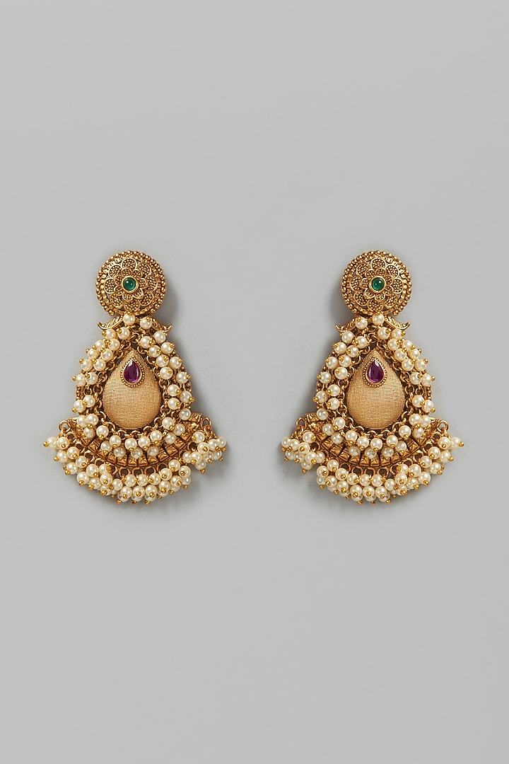 Gold Finish Pearl Dangler Temple Earrings by VASTRAA Jewellery at Pernia's Pop Up Shop