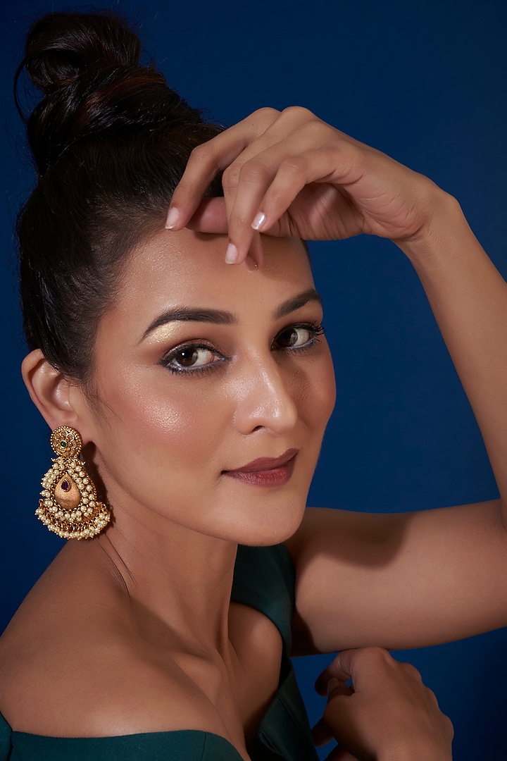Gold Finish Pearl Dangler Temple Earrings by VASTRAA Jewellery at Pernia's Pop Up Shop