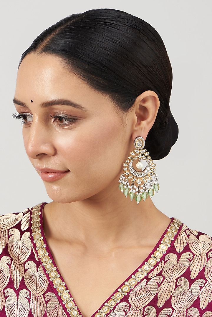 Two Tone Finish Kundan Polki & Green Synthetic Stone Dangler Earrings by VASTRAA Jewellery at Pernia's Pop Up Shop