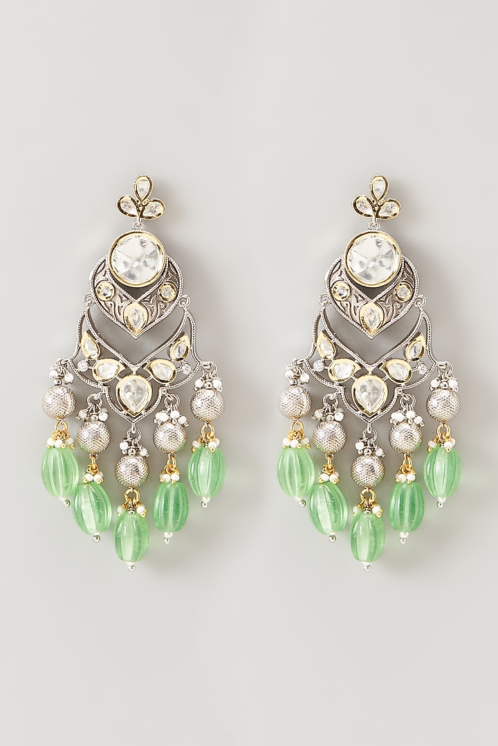 Two Tone Finish Kundan Polki & Green Synthetic Stone Dangler Earrings by VASTRAA Jewellery at Pernia's Pop Up Shop
