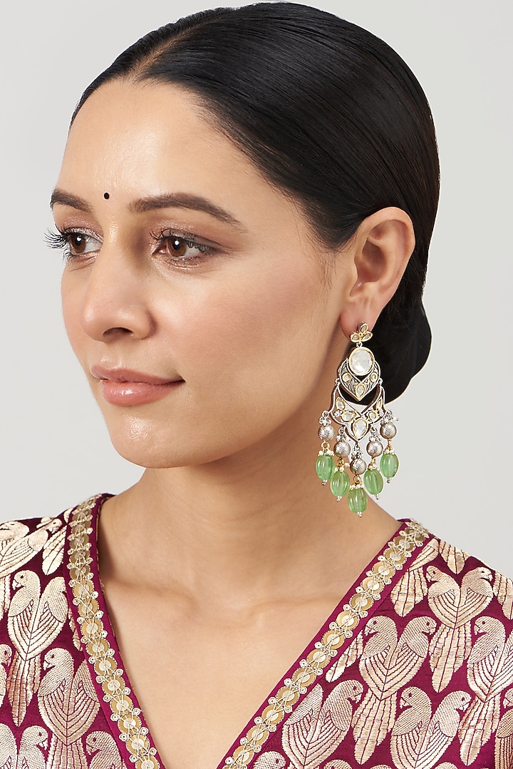 Two Tone Finish Kundan Polki & Green Synthetic Stone Dangler Earrings by VASTRAA Jewellery at Pernia's Pop Up Shop