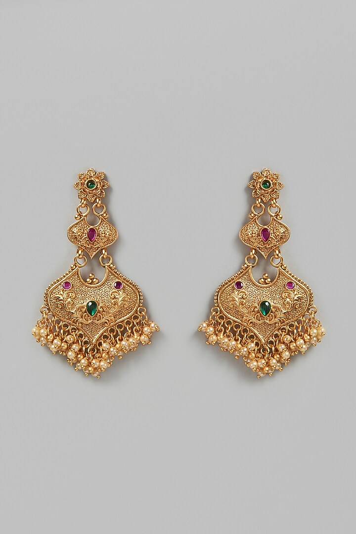 Gold Finish Synthetic Stone Temple Dangler Earrings by VASTRAA Jewellery at Pernia's Pop Up Shop