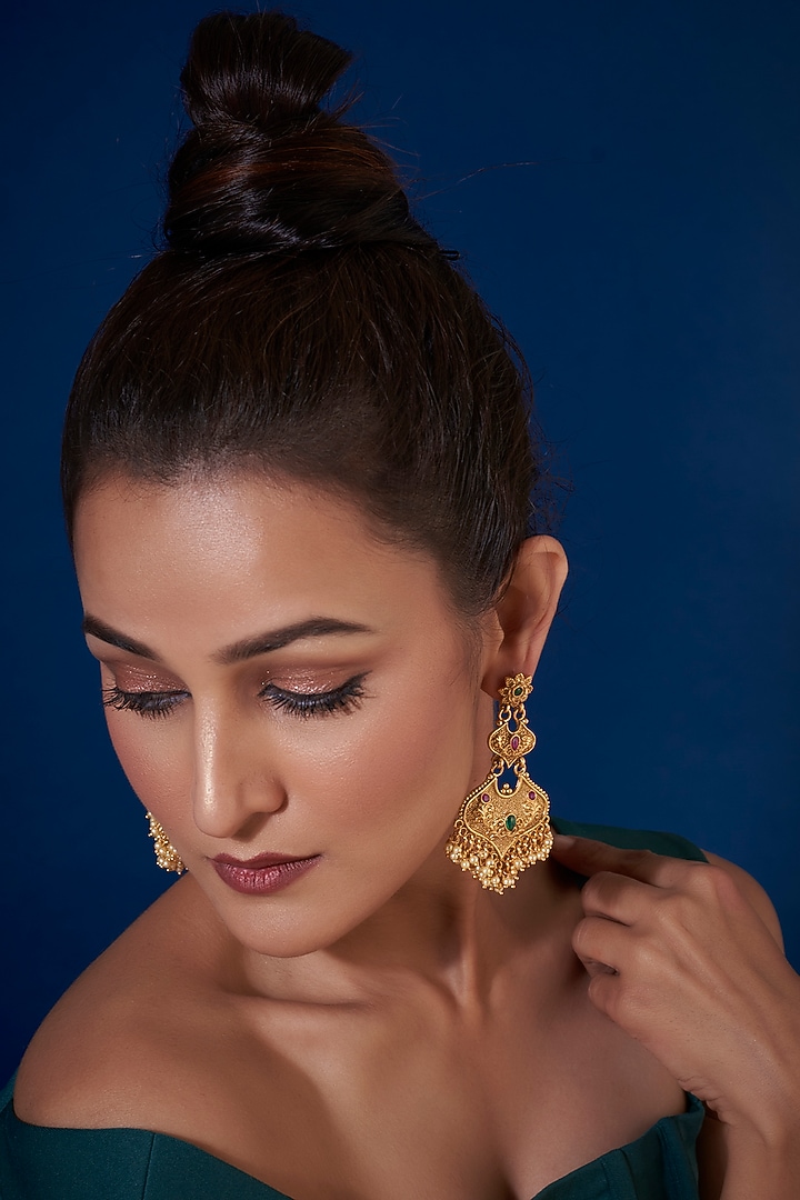 Gold Finish Synthetic Stone Temple Dangler Earrings by VASTRAA Jewellery at Pernia's Pop Up Shop