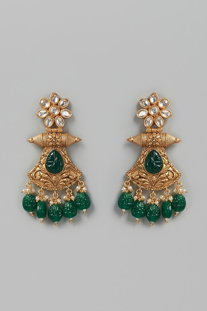 Gold Finish Emerald Synthetic Stone Dangler Temple Earrings by VASTRAA Jewellery at Pernia's Pop Up Shop