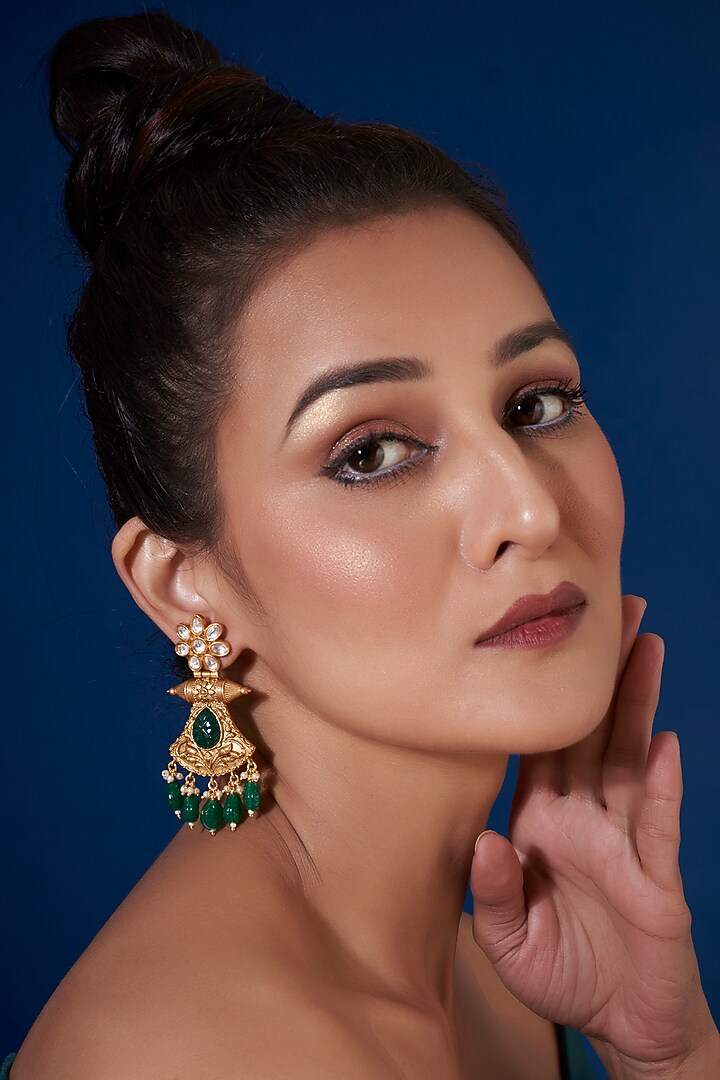 Gold Finish Emerald Synthetic Stone Dangler Temple Earrings by VASTRAA Jewellery at Pernia's Pop Up Shop